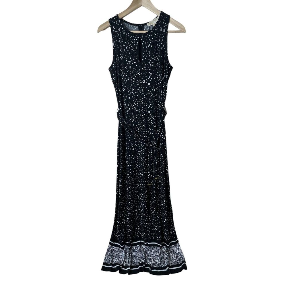 Michael Kors Nora Print Border Maxi Dress Sz XS Floral Wrap Tie Sleeveless